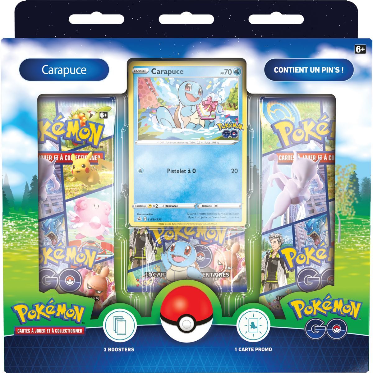 Pokemon - Coffret - 3 boosters - Collection Pokémon GO avec pin’s (Bulbizarre, Salamèche et Carapuce)